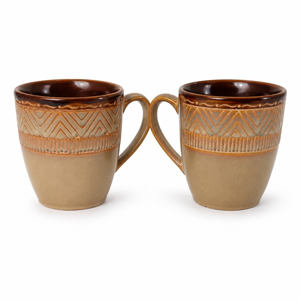 Noble Excellence Native Habitat‎ Coffee Mugs Set of 2 Brown Tan Stoneware...